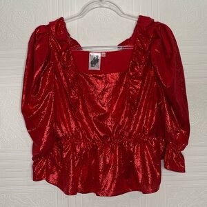 Queen of Sparkles Shiny Red Ruffle Peplum Top M/L